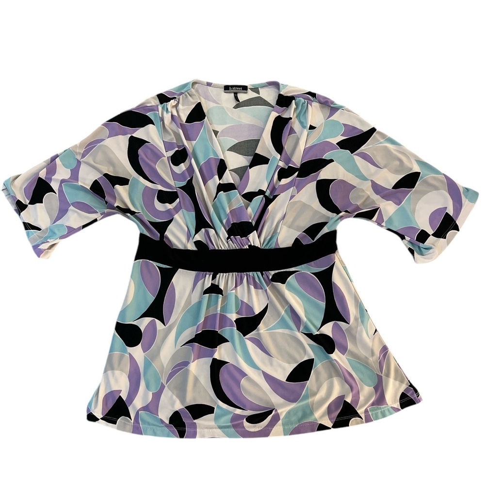 B Street Purple & Black V-Neck Abstract Print 3/4 Long Sleeve Blouse Size Medium